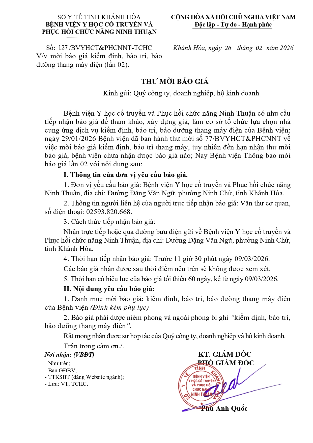 V/v mời báo giá kiểm định, bảo trì, bảo dưỡng thang máy điện (lần 02)